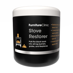 Furniture Clinic Stove Restorer applying action to metal for renewed matte black finish on cast iron.