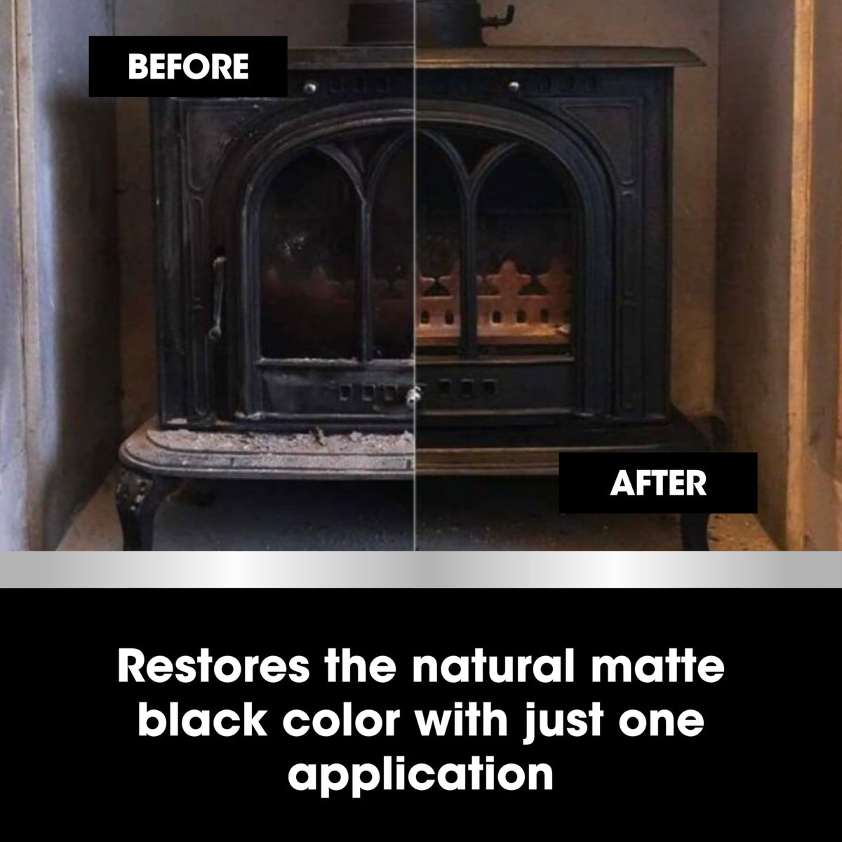 Furniture Clinic Stove Restorer demonstrating high heat compatibility on a fireplace accessory.