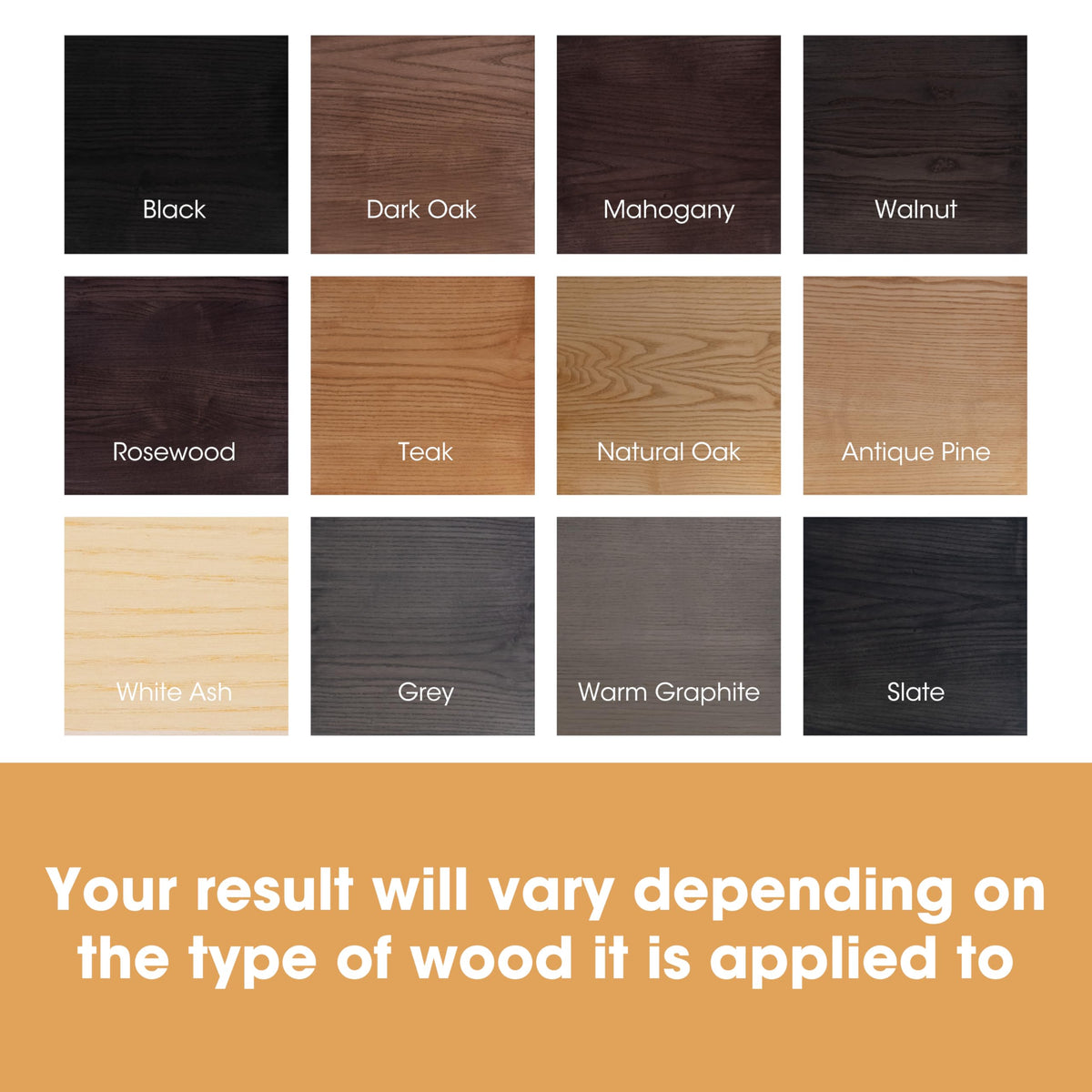 Furniture Clinic wood-stain color chips show twelve shade options for any project.