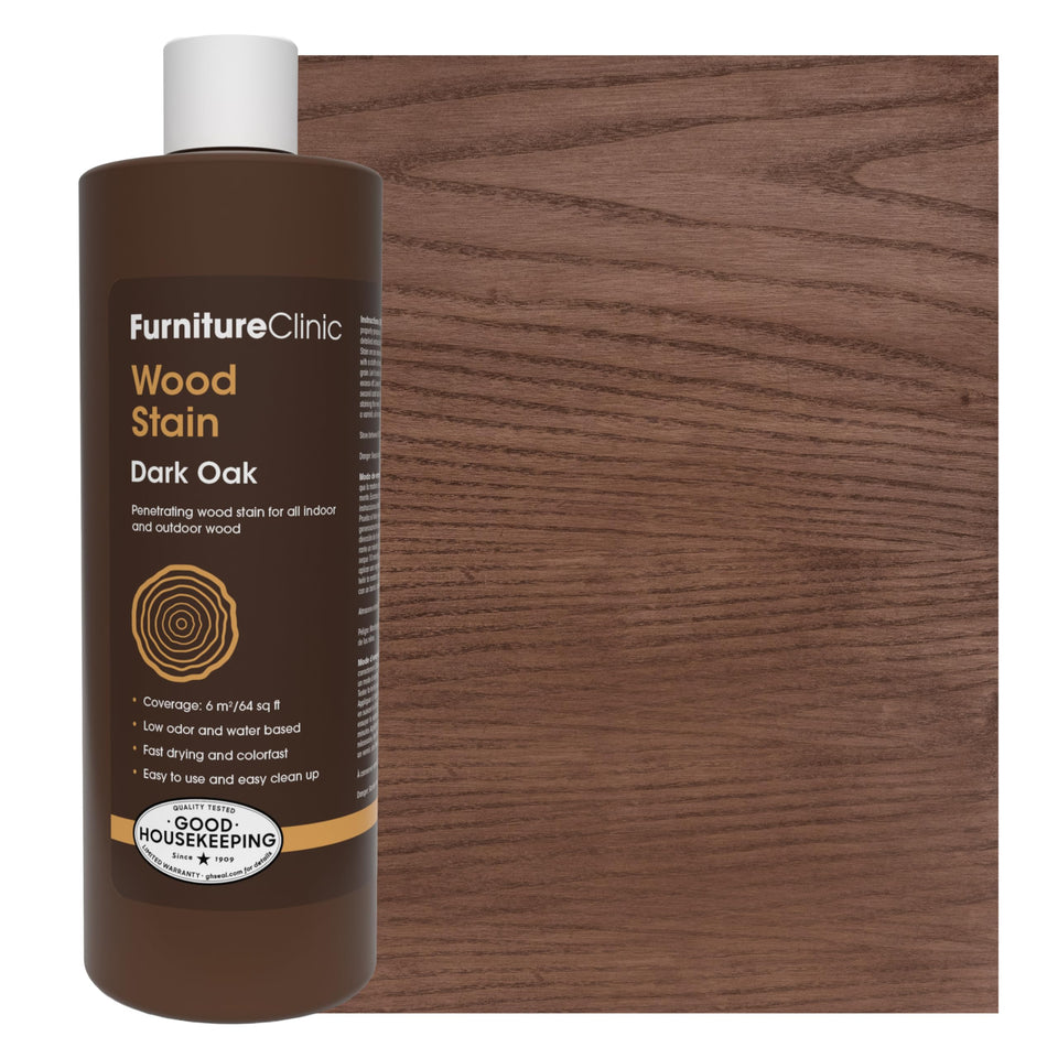 Furniture Clinic Dark Oak Wood Stain bottle showing rich indoor color