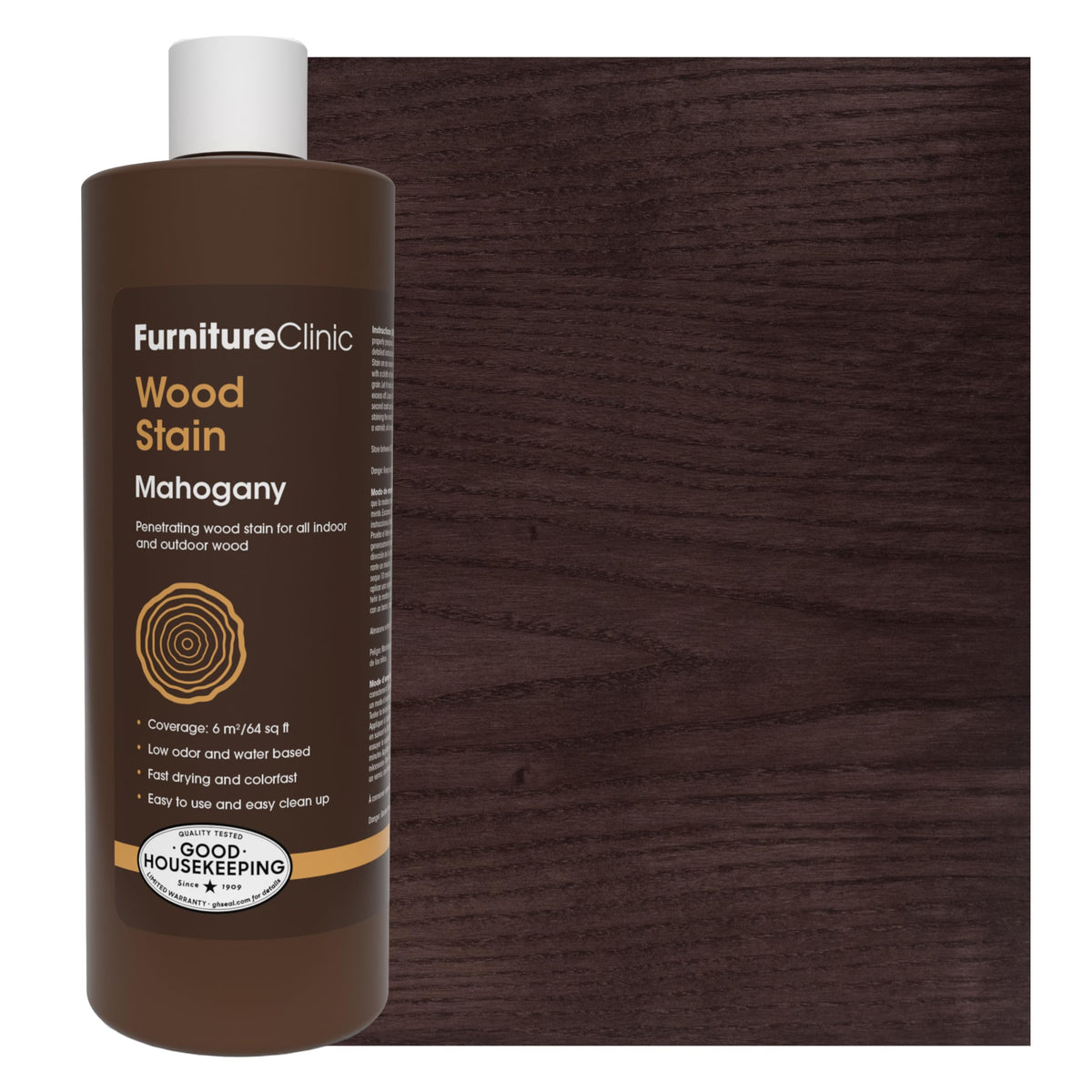 Furniture Clinic Wood Stain Mahogany bottle showing rich color with quick-drying formula.