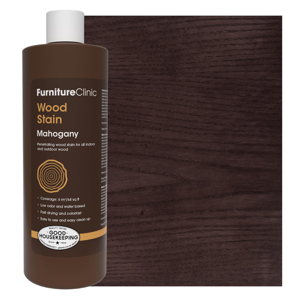 Furniture Clinic Wood Stain Mahogany bottle showing rich color with quick-drying formula.