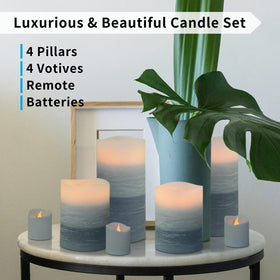 FURORA LIGHTING blue ombre flameless candles enhance dining table mood.