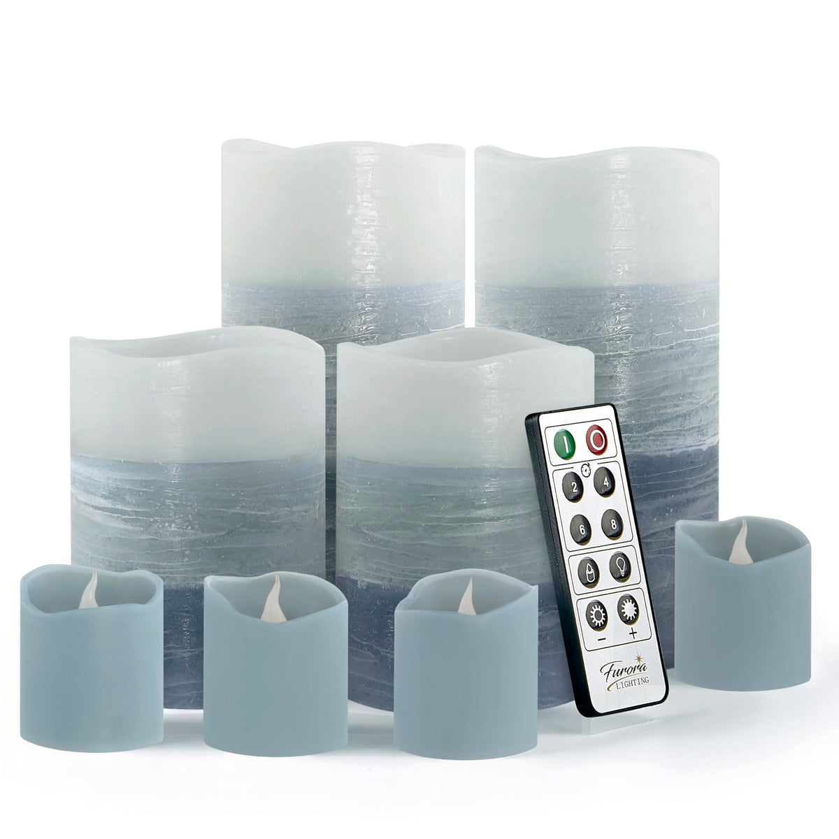 FURORA LIGHTING blue ombre flameless pillar candles 3x4 glow softly for cozy ambiance.