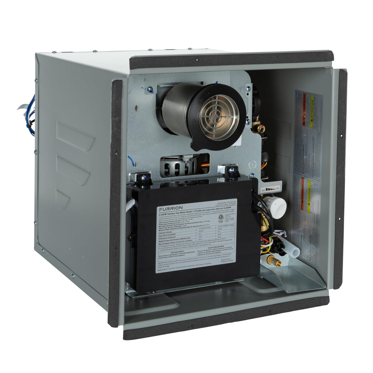 Furrion tankless water heater front view powering RV hot water for multiple taps
