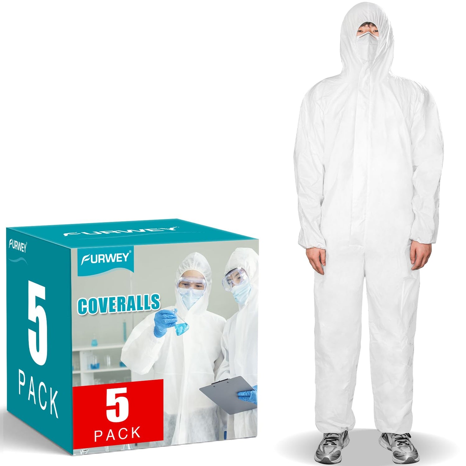 FURWEY Hazmat Suits 5 Pack front view shows full body coverage