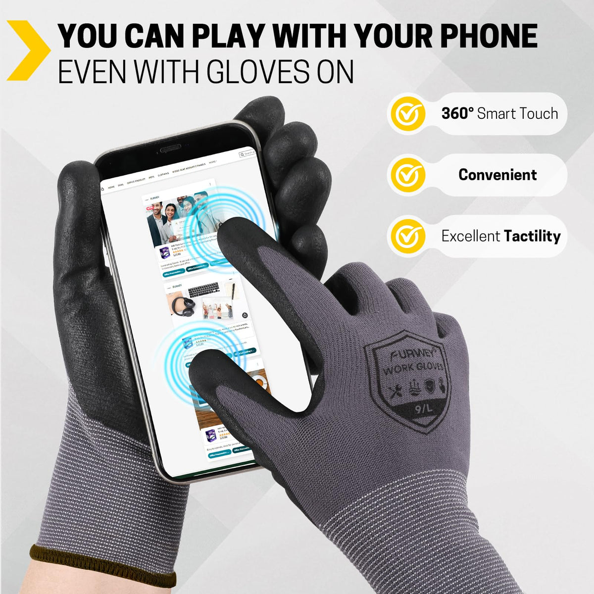 FURWEY Safety Work Gloves breathable knit shell keeps hands dry during work.