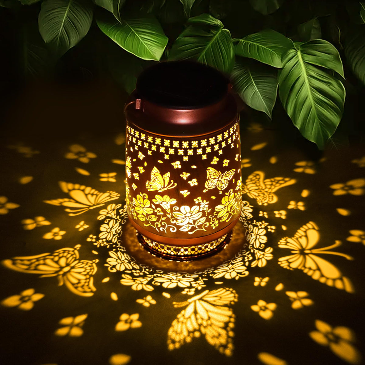 Fussion butterfly solar lantern glows softly in the garden, enhancing yard ambience.