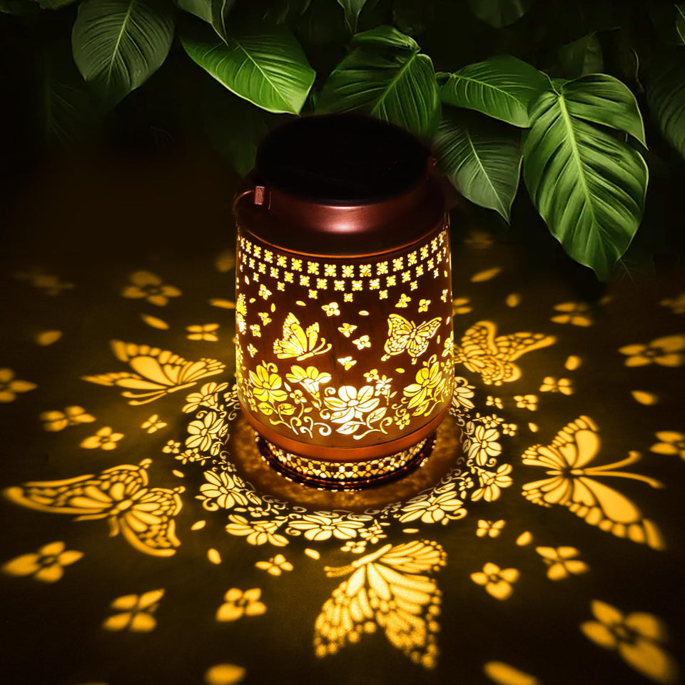 Fussion butterfly solar lantern glows softly in the garden, enhancing yard ambience.