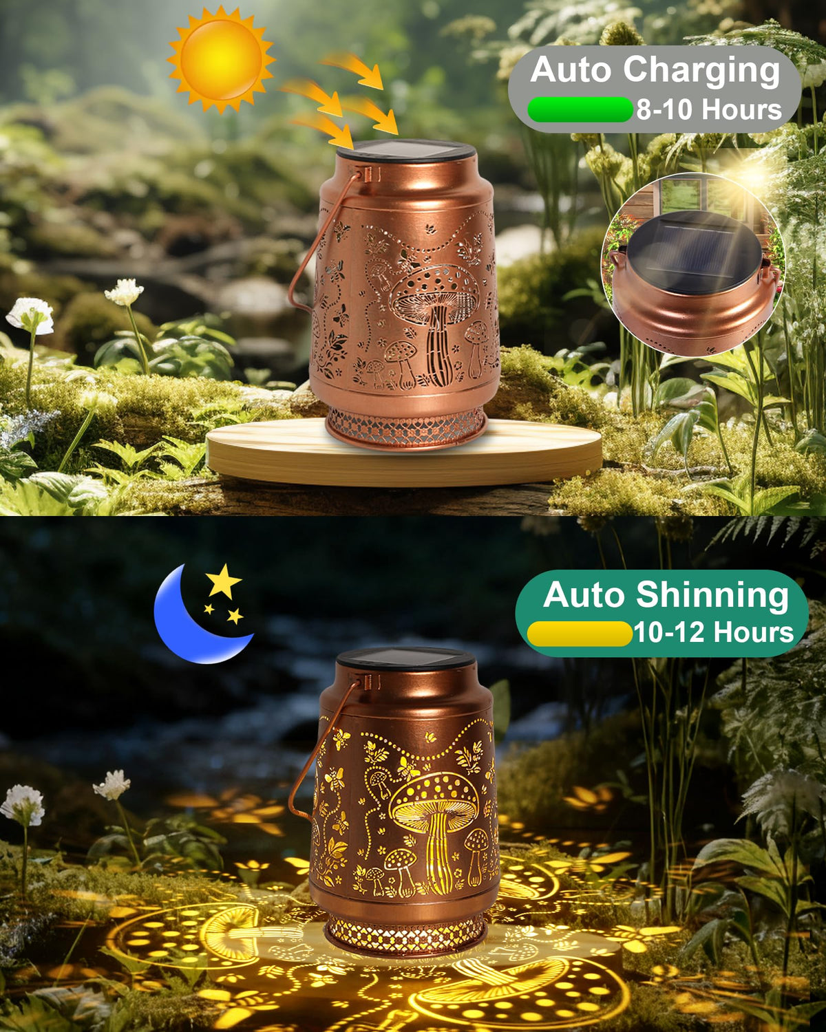 Fussion mushroom lantern features bee pattern for whimsical glow.