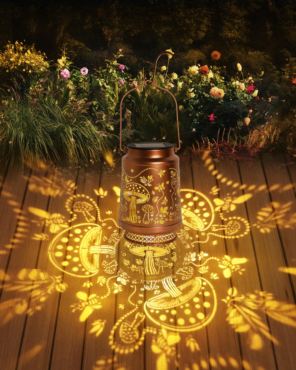 Fussion hanging mushroom lantern design adds ambience to patios and balconies.
