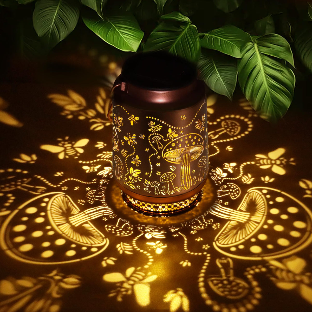 Fussion mushroom solar lantern with gold finish for elegant garden lighting after sunset.