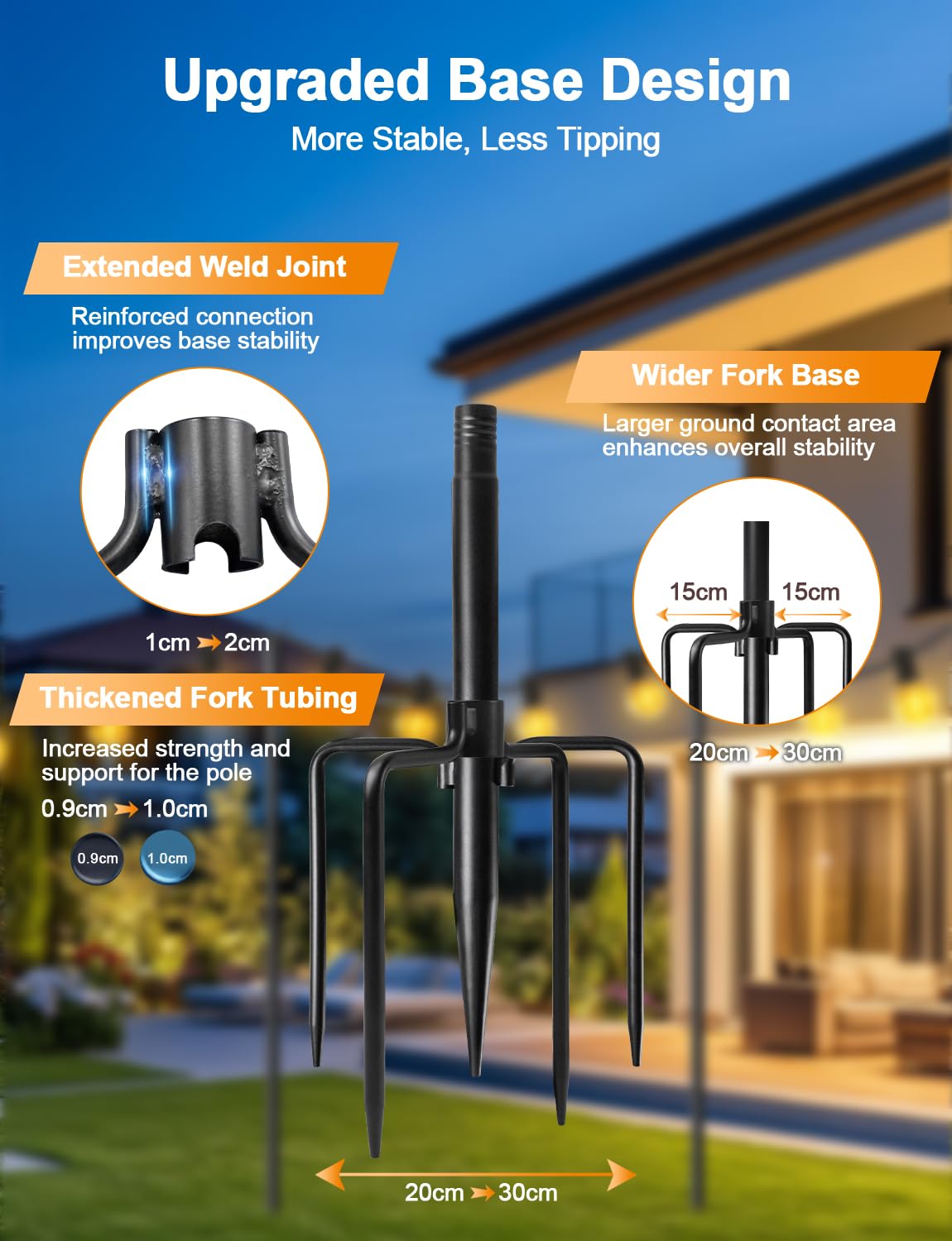 Fussion outdoor light pole with ground spikes for stable, wind-resistant setups