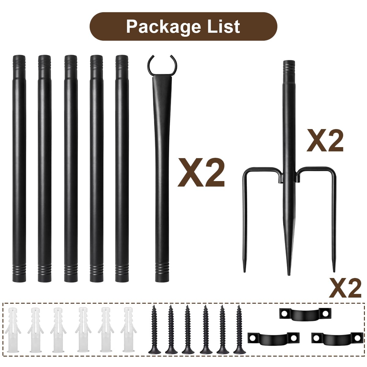 Fussion package includes poles, clips, and screws for quick setup