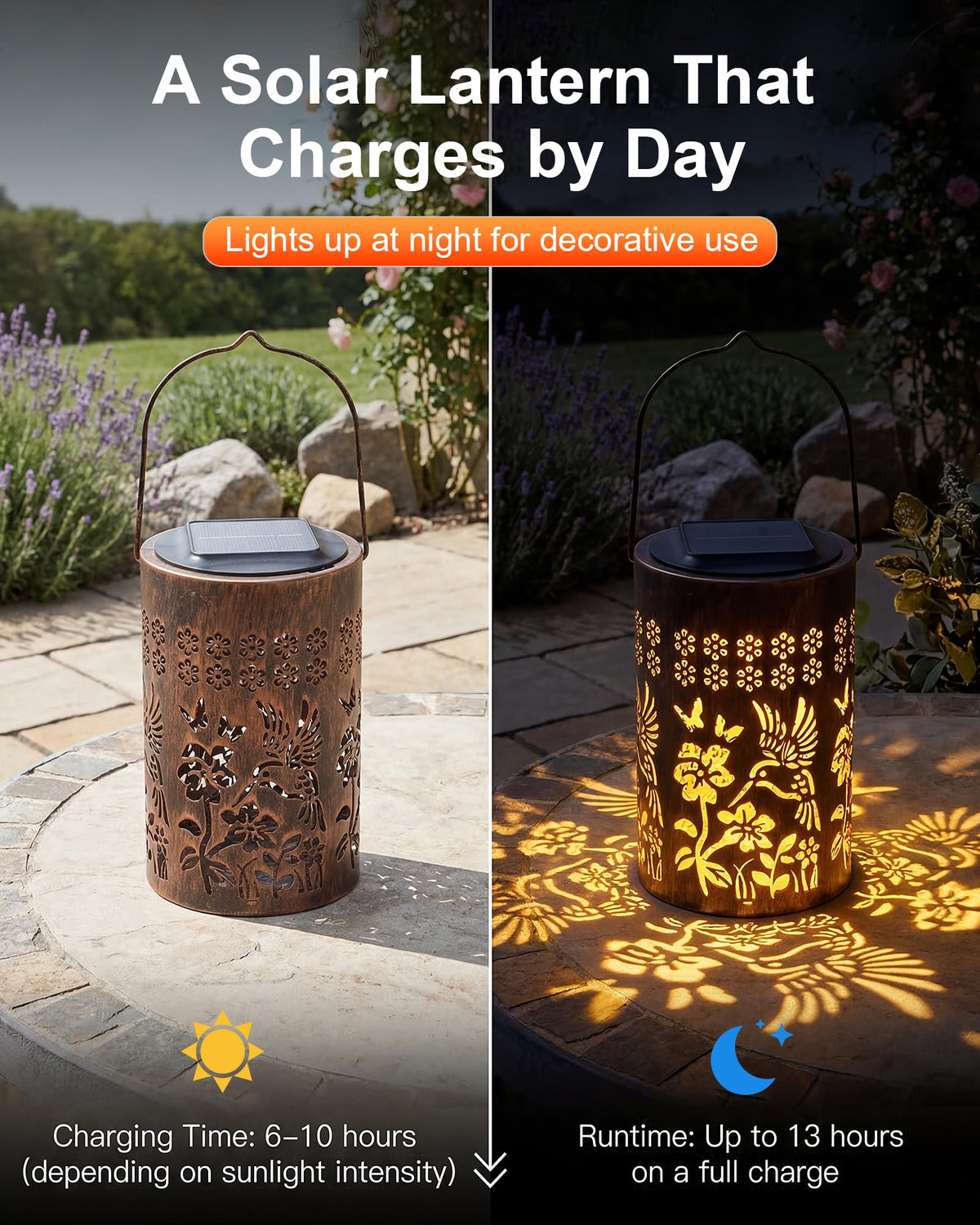 Fussion solar lantern can hang or stand on a table for versatile decor