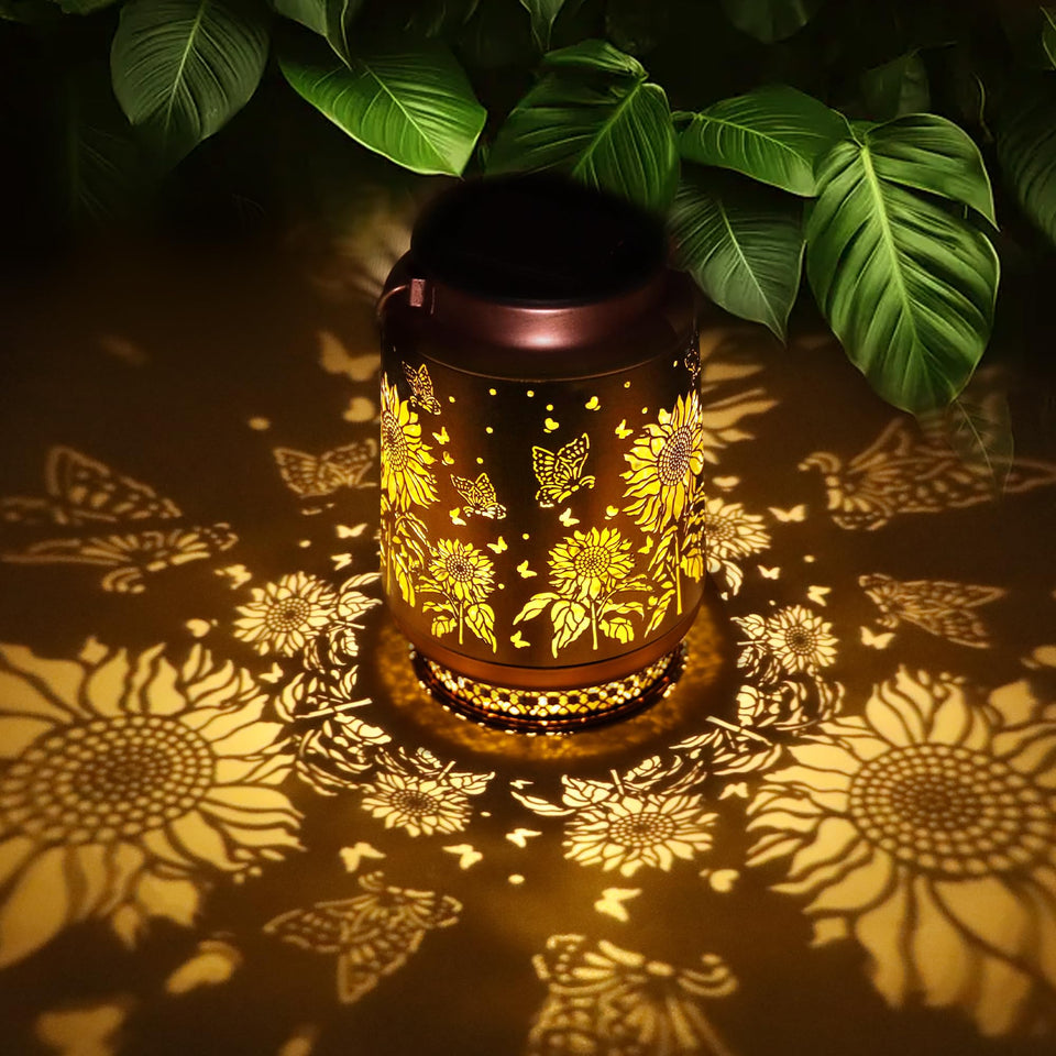 Fussion sunflower garden lantern front view glowing softly for outdoor ambiance