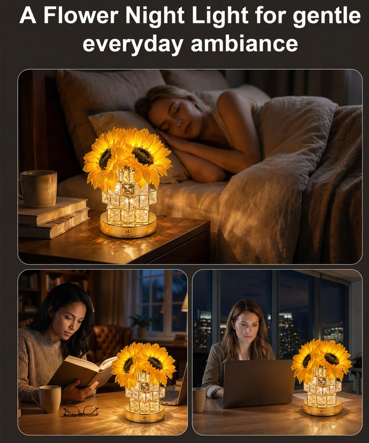 Fussion Sunflower Lamp rechargeable battery enables cordless use.
