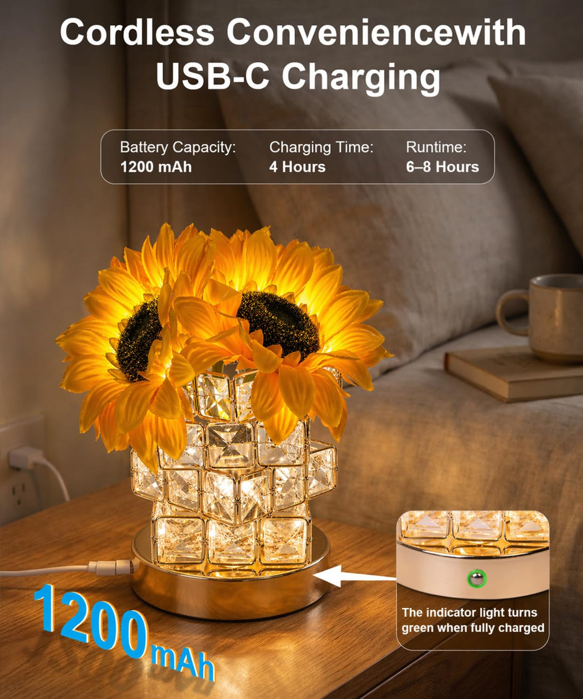 Fussion Sunflower Lamp vase-style design adds decorative charm.