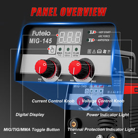 Futelo 145A welder LED display shows real-time amperage and wire settings
