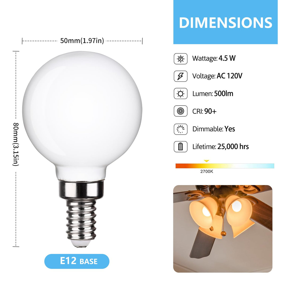 FUTIME milky-glass 2700K globe bulb enhances vanity or chandelier ambiance.