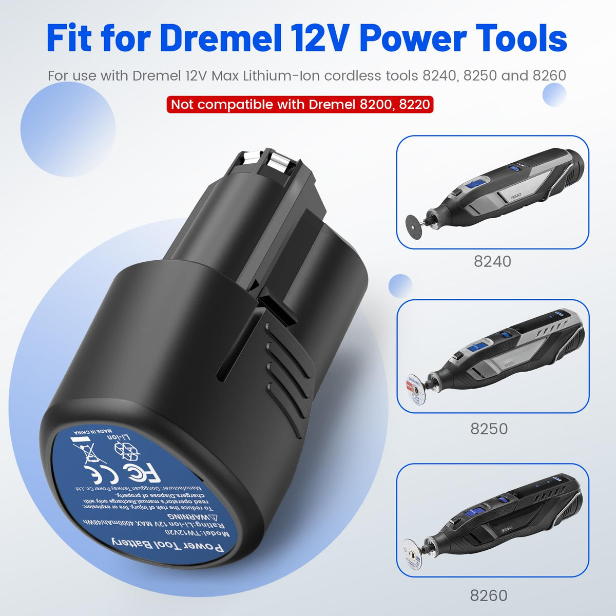 Futurebatt 12V battery compatibility with Dremel 8240-8260 models