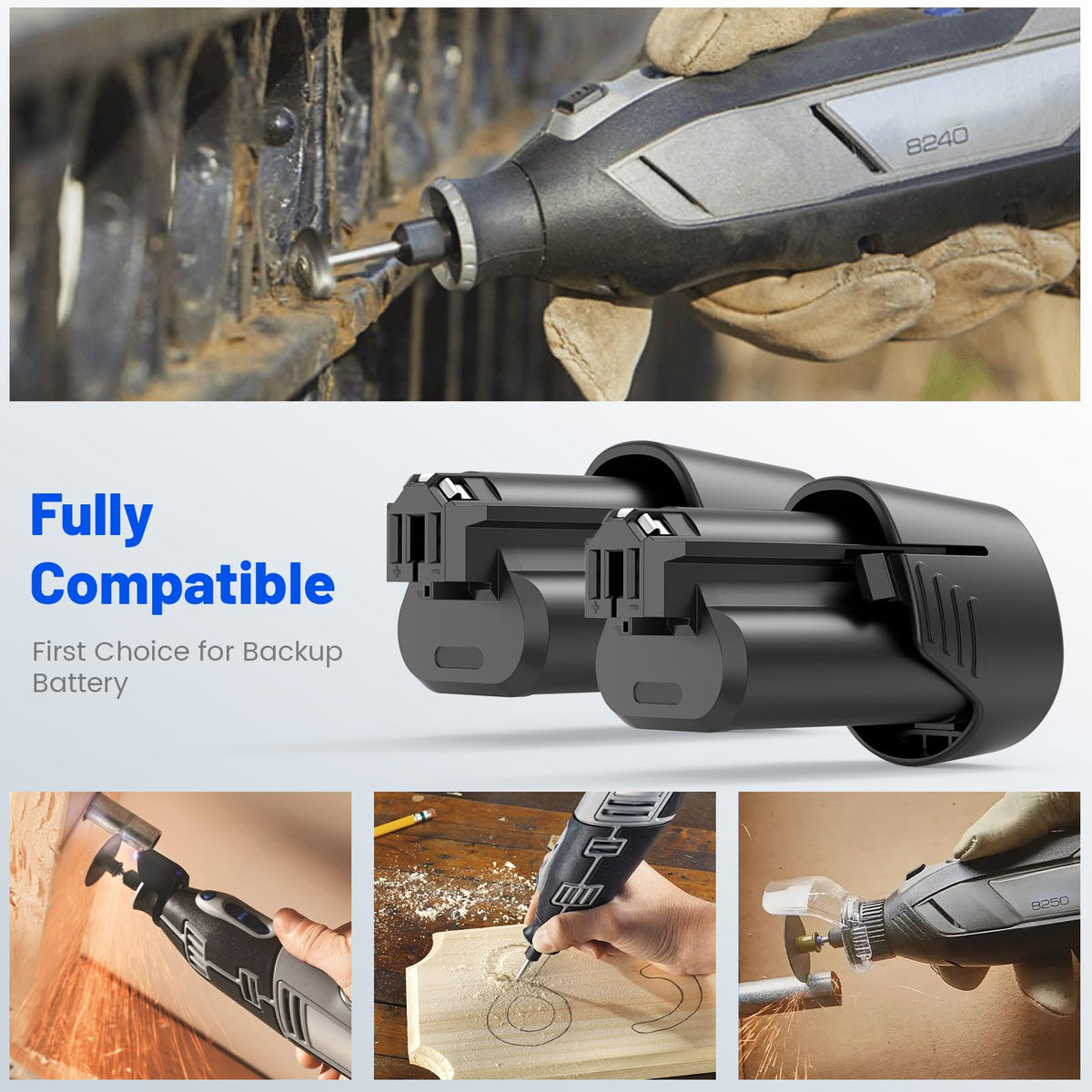 Futurebatt 12V battery ideal for Dremel 8240-8260 tasks and quick swaps