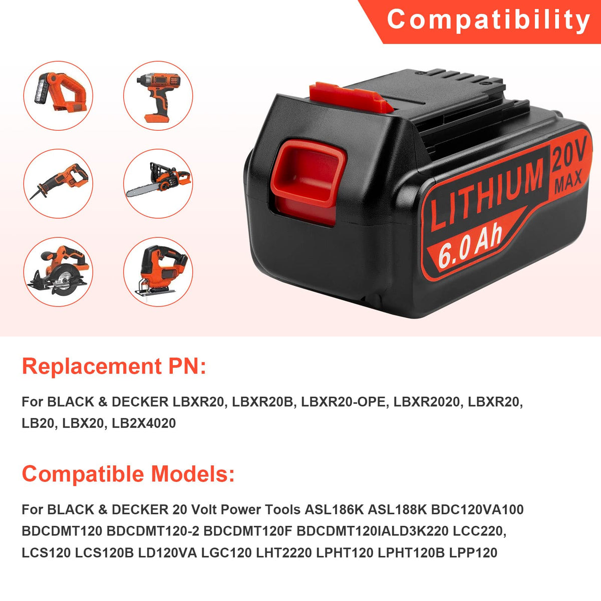 Futurebatt 6.0Ah 20V LBX20 battery delivers consistent energy for 20V tools.