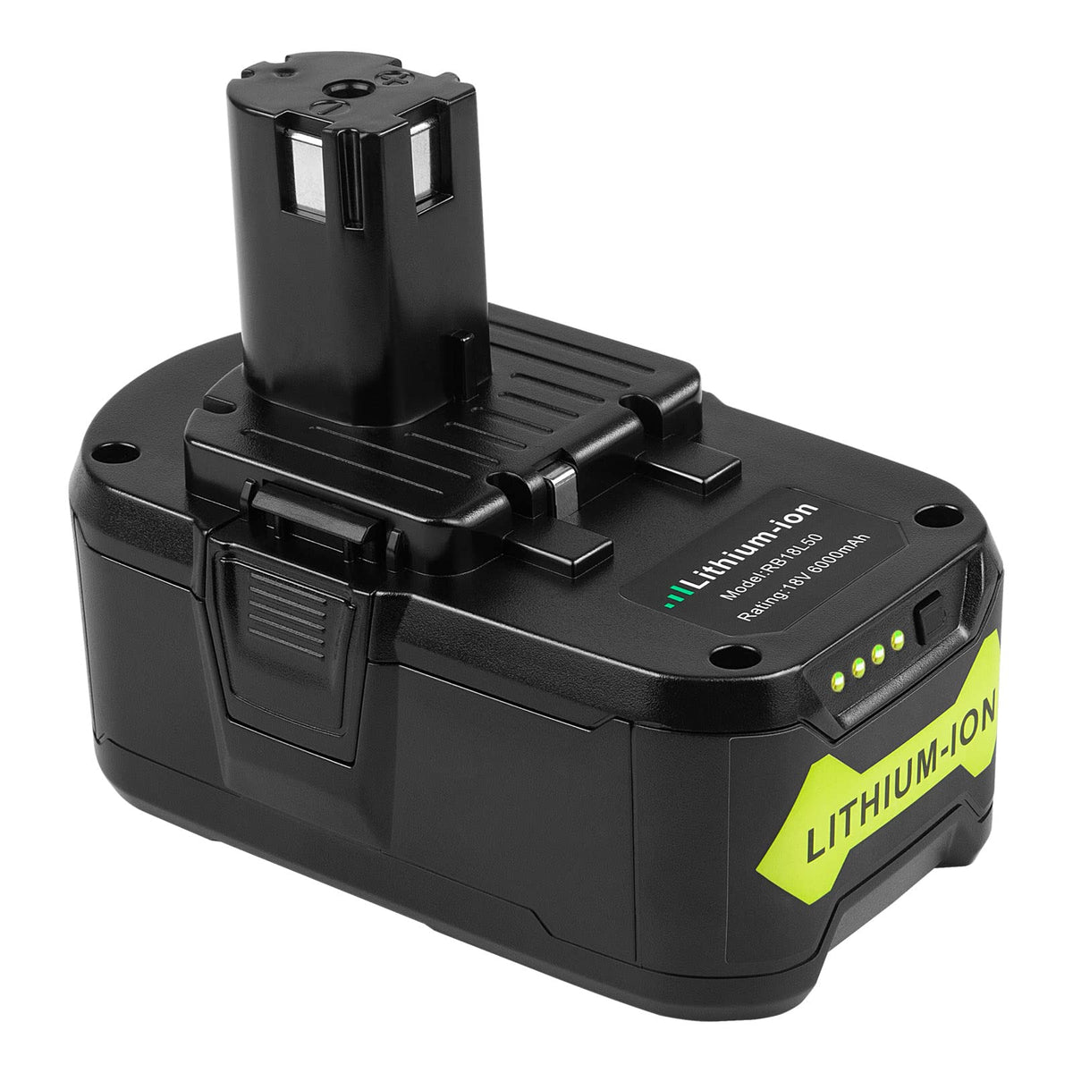 Futurebatt 6Ah 18V replacement battery with LED indicators for charge awareness.