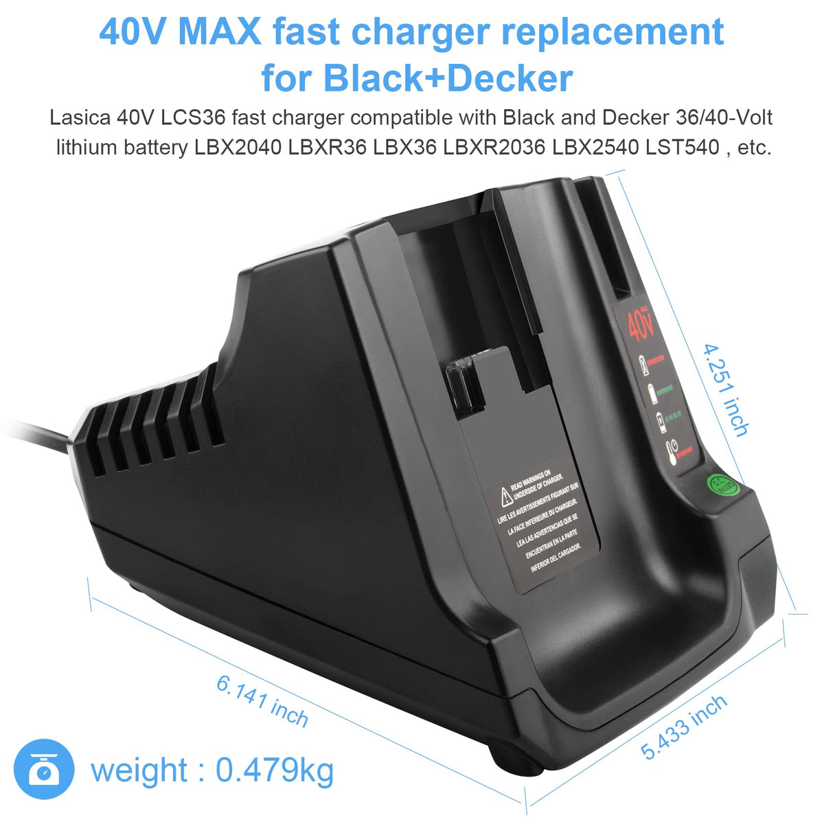 Futurebatt LCS40 battery compatibility label indicates broad model support.