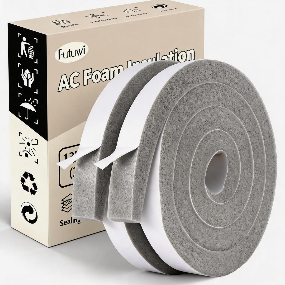 Futuwi foam tape in two rolls ready for weather sealing and insulation.