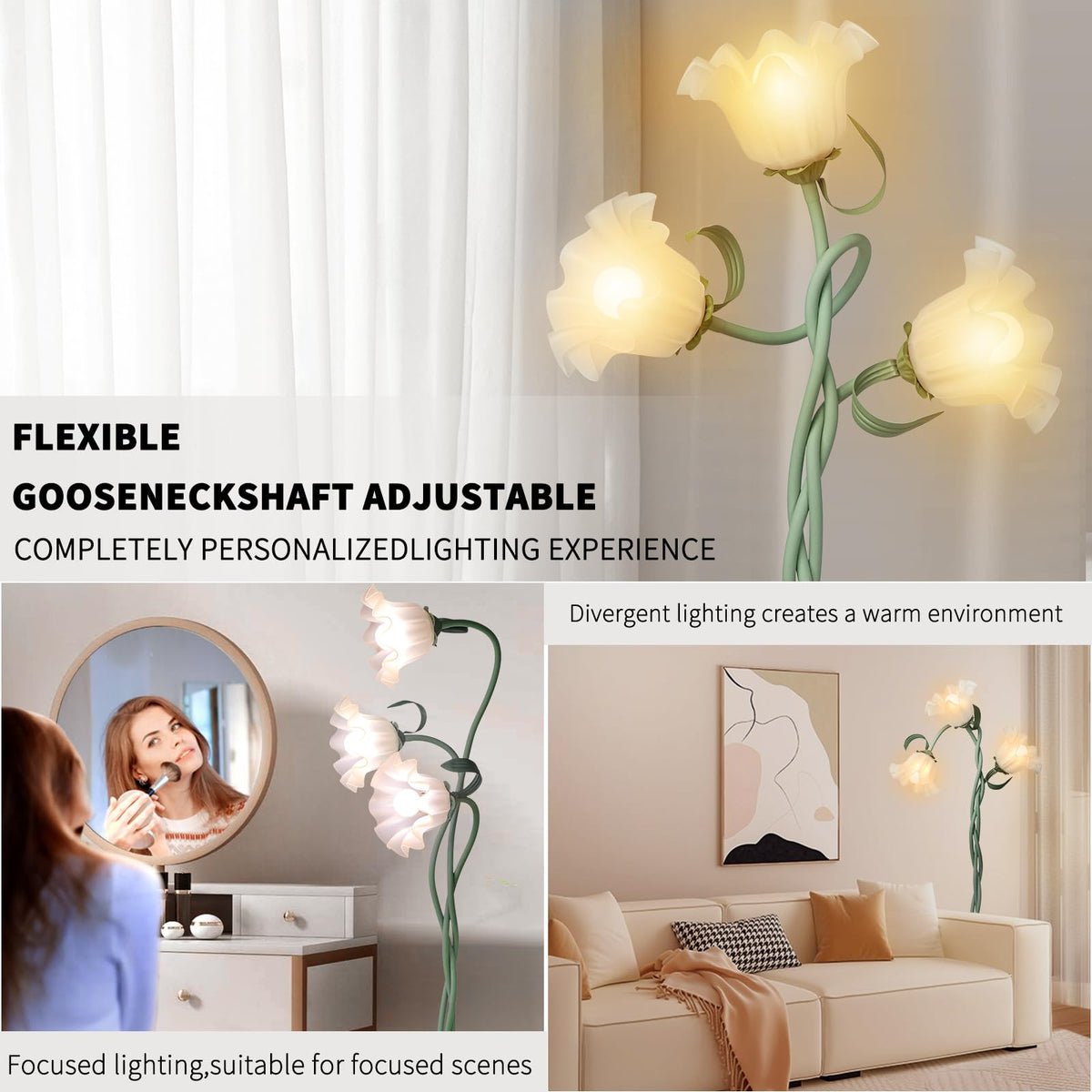 Fuzzbopn Flower Floor Lamp shades highlight acrylic petals with a soft glow.