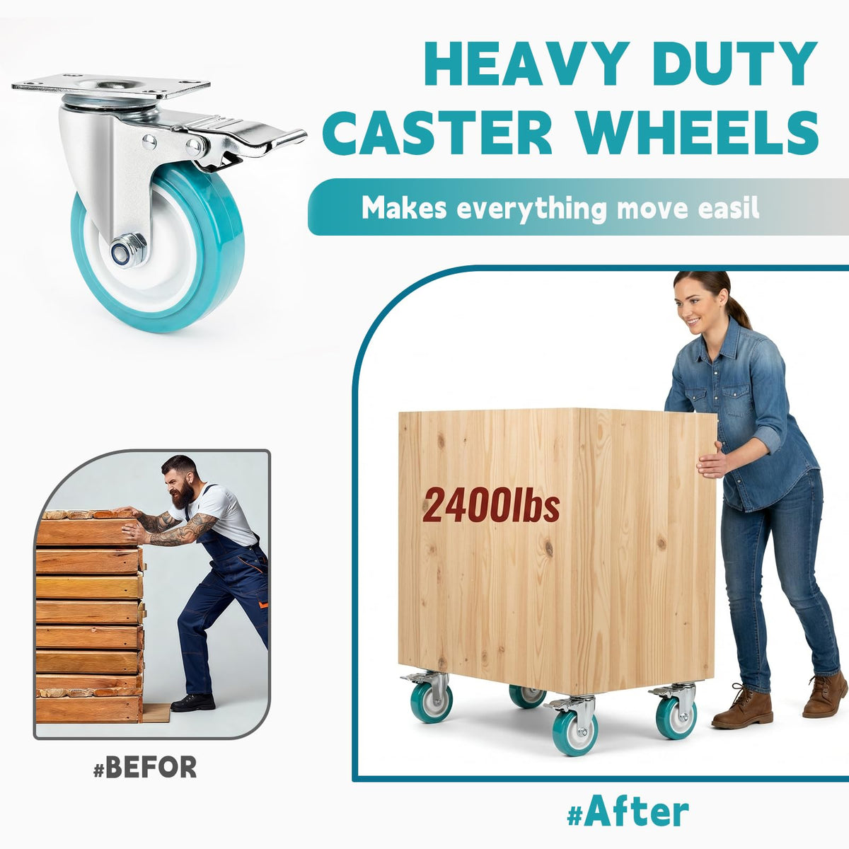 FVCLBZ 4in casters green TPR wheels provide quiet floor-friendly movement