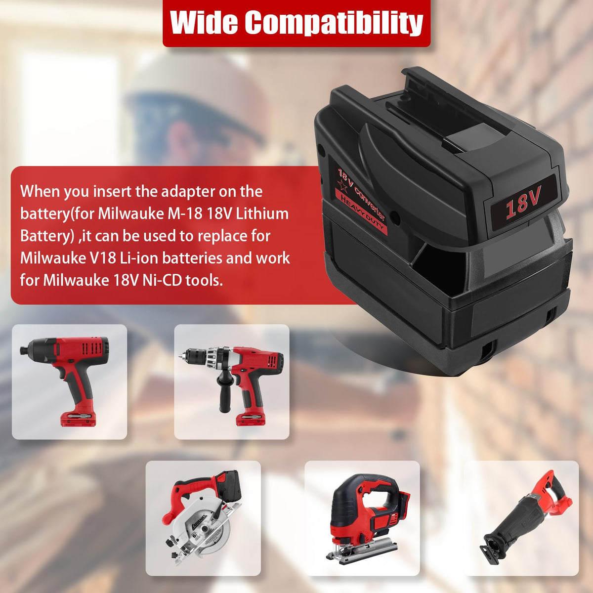 Fybemax adapter demonstrates broad compatibility with Milwaukee 18V batteries.