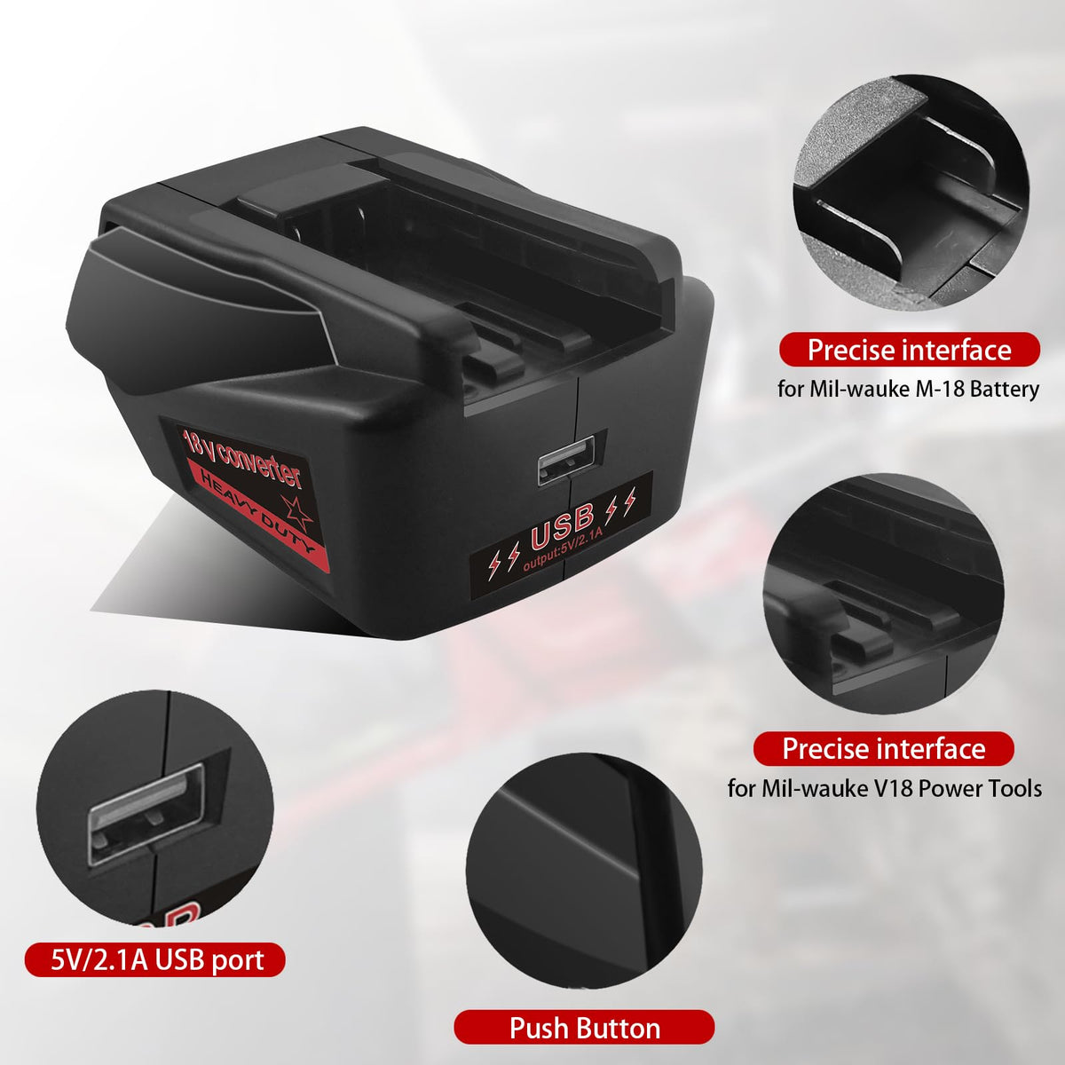 Fybemax adapter fits Milwaukee V18 Ni-Cd/Ni-MH tools for versatile use.