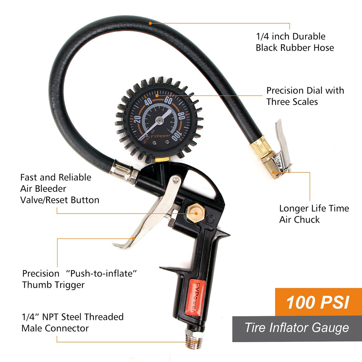 FYPower 100 PSI tire gauge for quick inflation and accurate readings.
