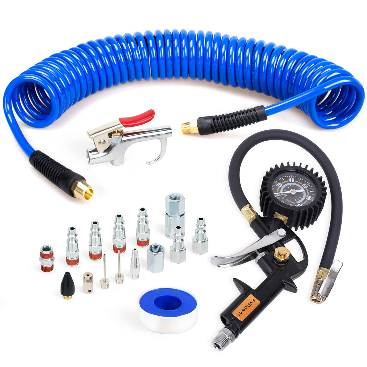 FYPower 18-piece kit with recoil hose for flexible, steady air flow in workshop tasks.