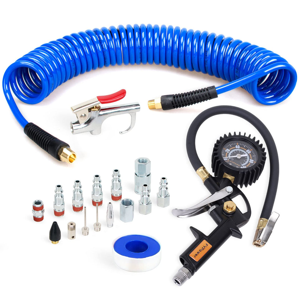 FYPower 18-piece kit with recoil hose for flexible, steady air flow in workshop tasks.
