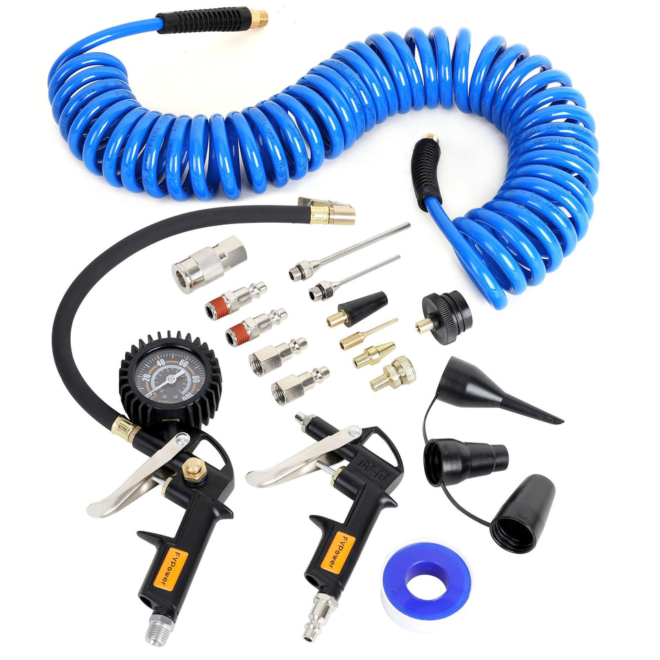 FYPower 25ft recoil hose for flexible reach during inflation and cleaning.
