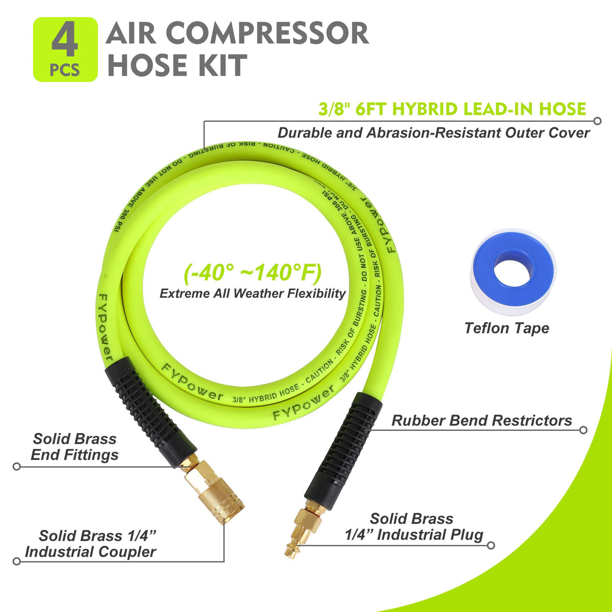 FYPower kink-resistant hybrid air hose stays flexible through bends for longer tool life.