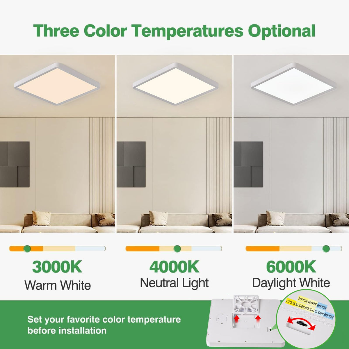 FY WISDOM FLY LIGHTING 12-inch square flush mount kitchen-dining area with bright 3000K option.