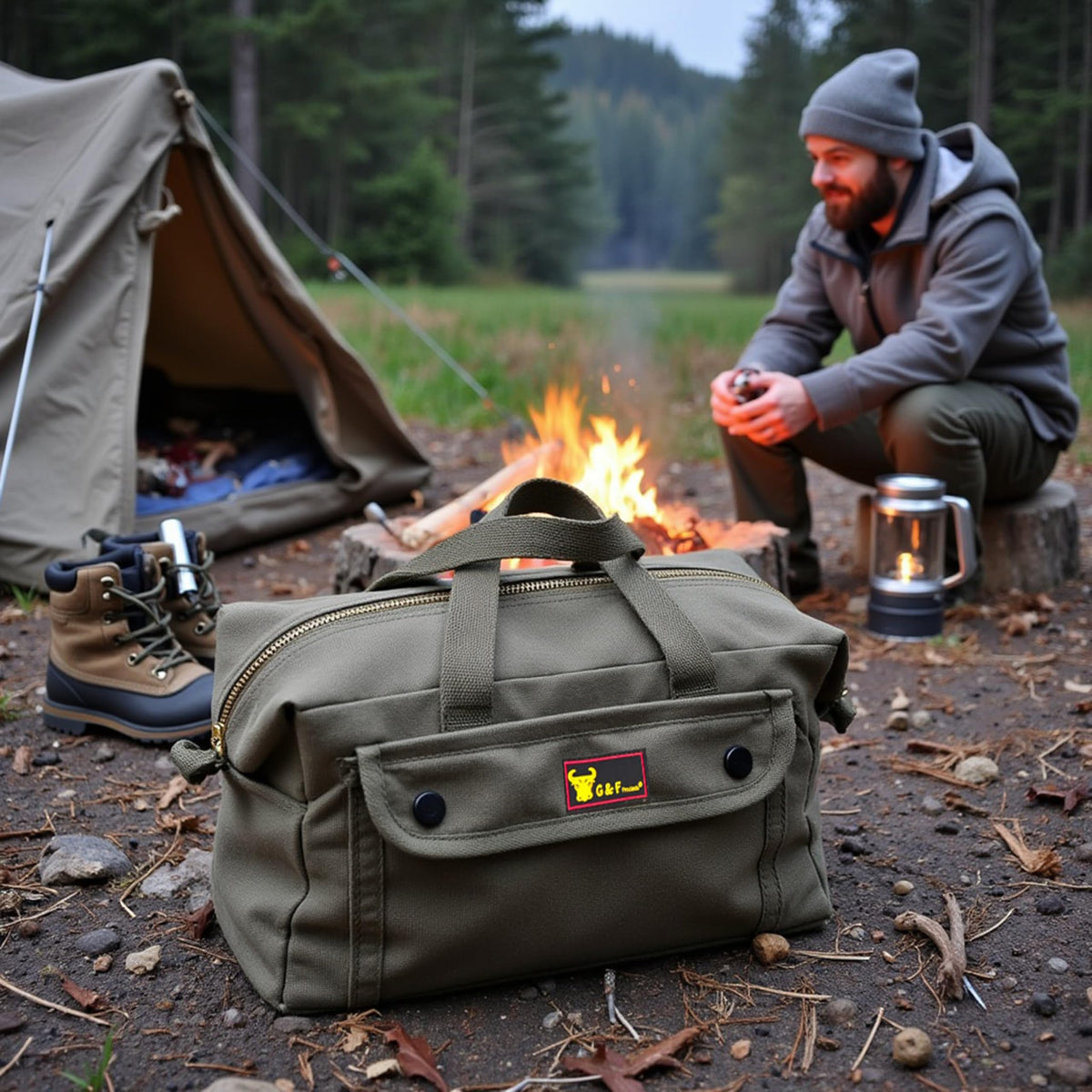 G & F Products waxed canvas duffle with reinforced bottom for heavy use