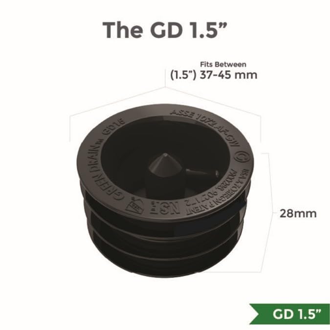G Green Drain Waterless Trap Seal shows 1.5-inch connection for easy retrofit.