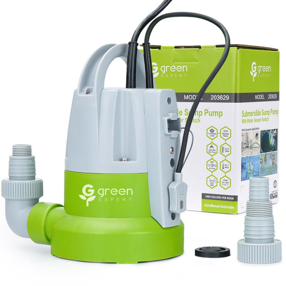 G Green Expert 1/3HP sump pump with flow sensor for fast water removal.