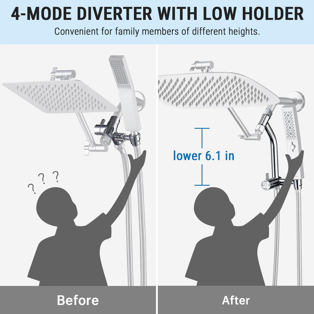 G-Promise 3-way diverter with pause allows easy mode switching without getting hands wet.