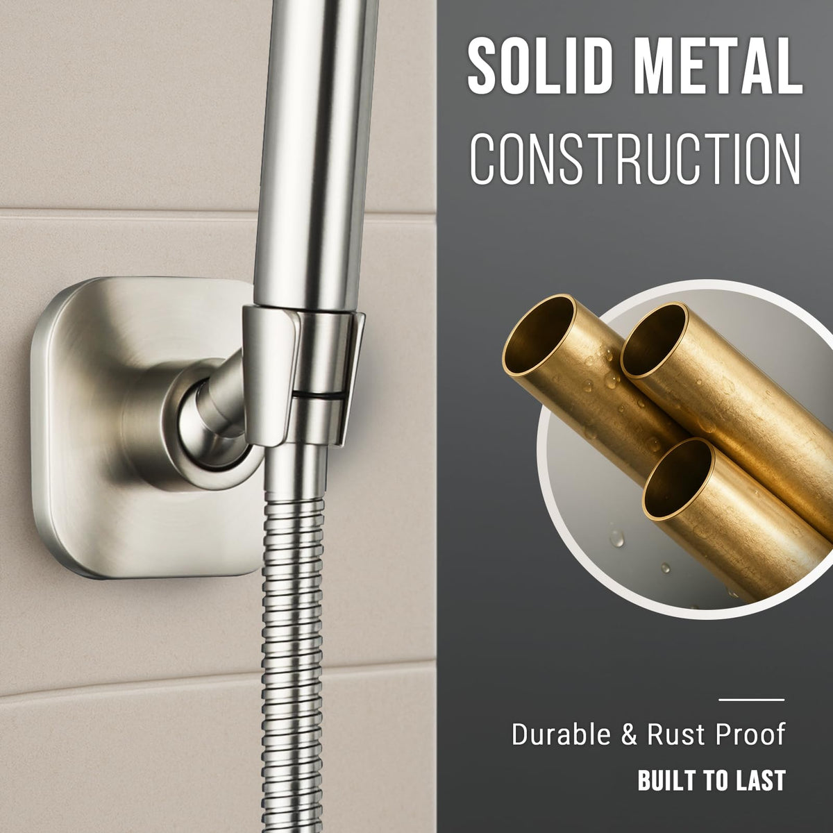 G-Promise adjustable wall mount bracket rotates 360 degrees and tilts for flexible shower use.