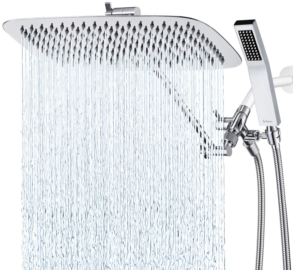 G-Promise all metal 16-inch dual square shower head for wide coverage.