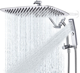 G-Promise all-metal 16-inch rainfall showerhead offers wide coverage for full-body cleansing.