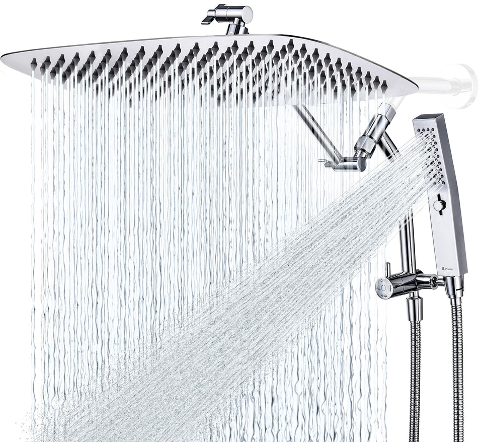 G-Promise all-metal 16-inch rainfall showerhead offers wide coverage for full-body cleansing.