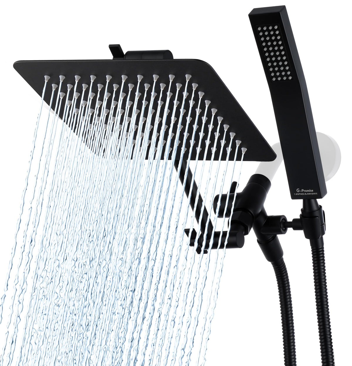 G-Promise all-metal 8-inch dual square shower head for durable rain-like coverage.