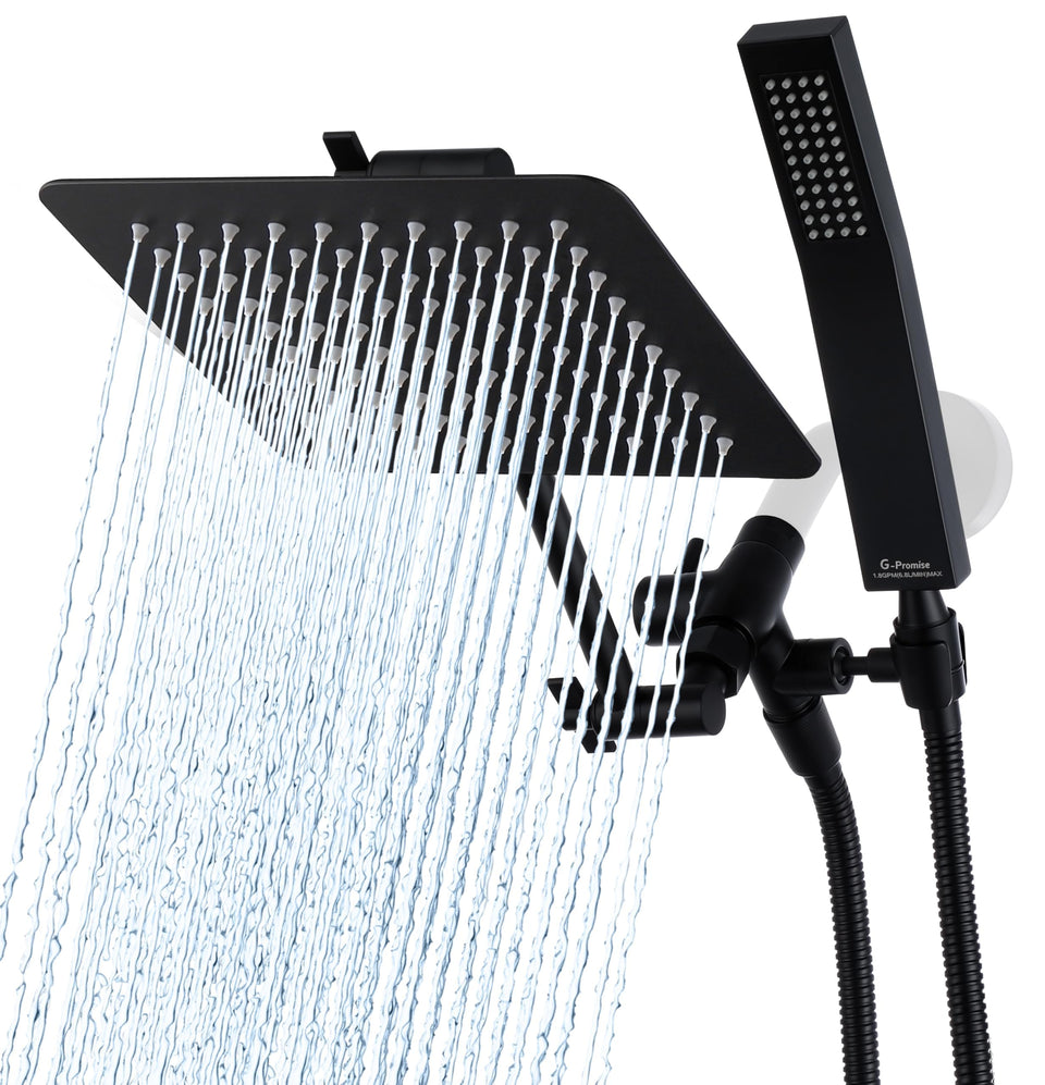 G-Promise all-metal 8-inch dual square shower head for durable rain-like coverage.